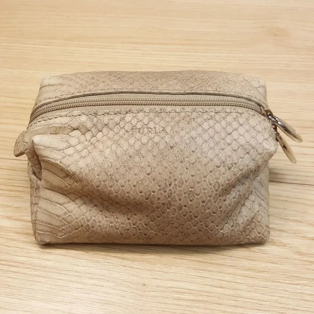 FURLA Small Leather Cosmetic Makeup Bag Taupe Snakeskin Embossed Zip Pouch